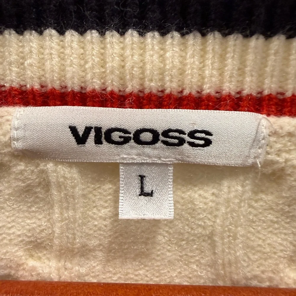 Vigoss Cream Cable Knit Sweater with Red and Navy Stripes - Picture 3 of 4